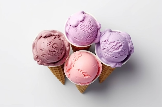 Strawberry ice cream in waffle cones on white background