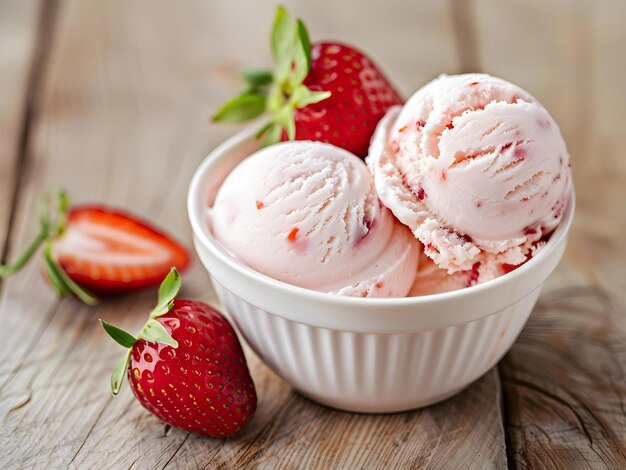 Strawberry Ice Cream in the white bowl on wooden table