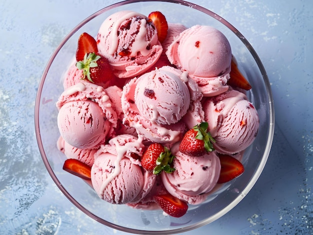 Strawberry Ice Cream in the white bowl on wooden table