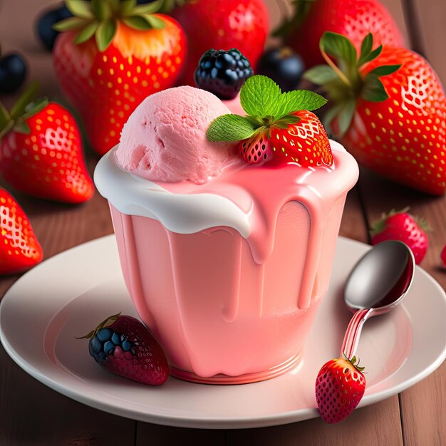 Strawberry ice cream with fresh berries on table