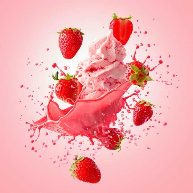 Strawberry ice cream with splash and strawberries