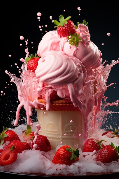 strawberry ice cream with strawberry splash and frosting