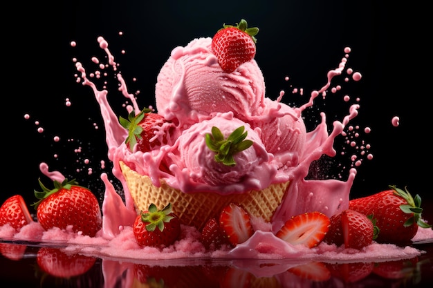 strawberry ice cream with strawberry splash and frosting