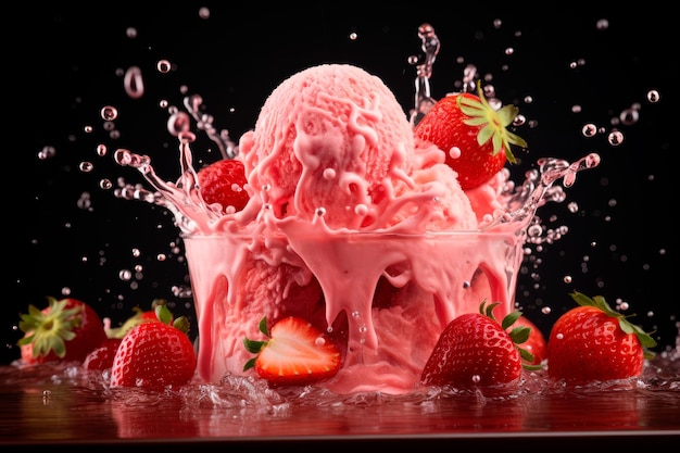 strawberry ice cream with strawberry splash and frosting