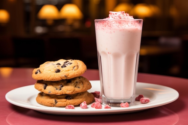 Strawberry indulgent extreme milkshake glas milkshake en gebak in café melk met koekjes