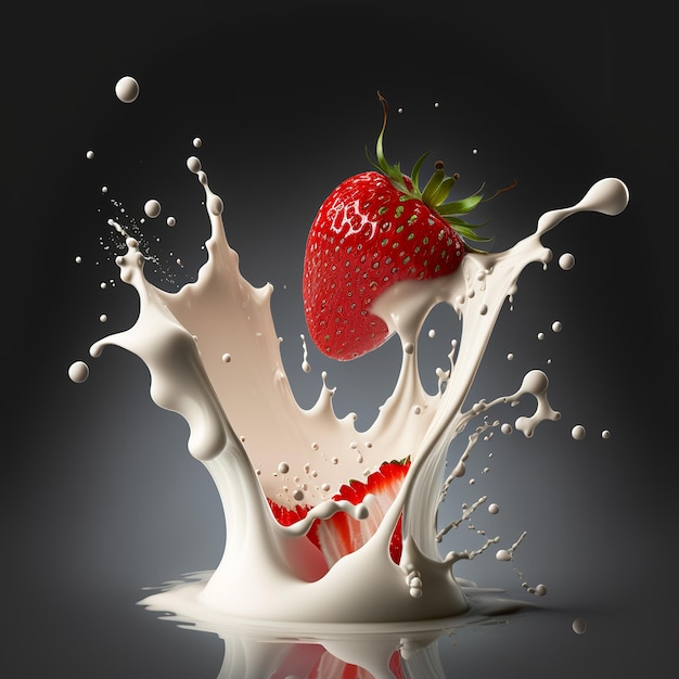 A strawberry is in the air and is in a milk splash.