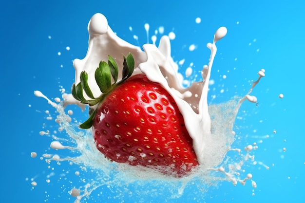 A strawberry is being dropped into a splash of milk.