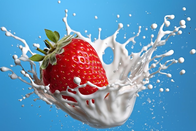 A strawberry is being dropped into a splash of milk.