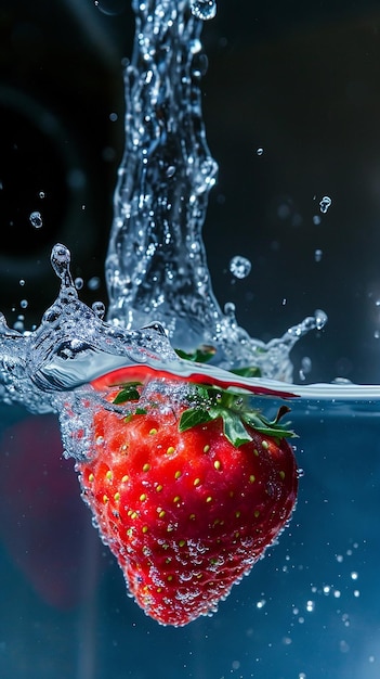 A strawberry is being dropped into a water splash