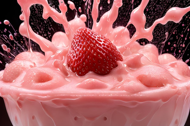 a strawberry is falling into a pink liquid milk bath photography
