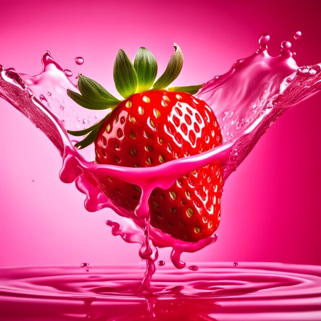 strawberry is falling into a pink liquid milk