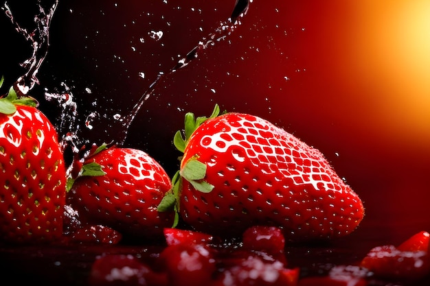 A strawberry is falling into a water drop