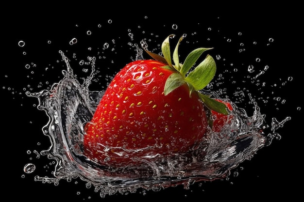 A strawberry is in a splash of water with a green leaf.