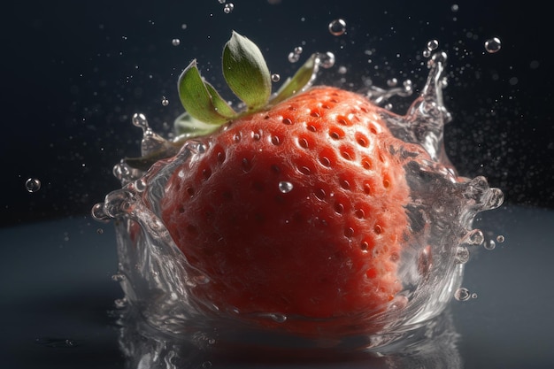 A strawberry is in a splash of water