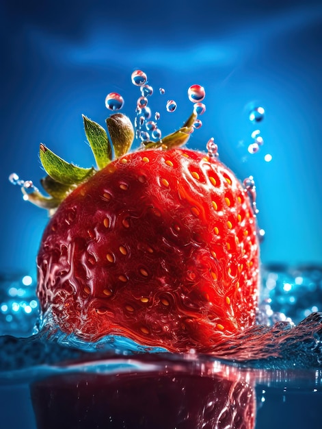 A strawberry is in the water with a blue background.