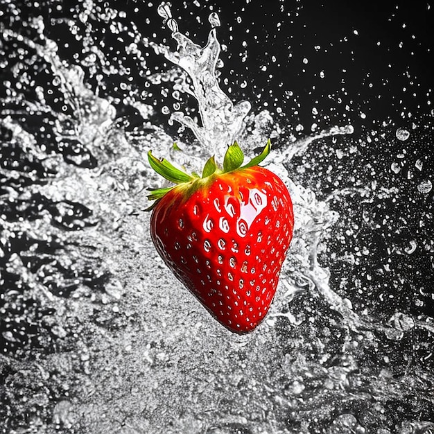 A strawberry is in the water with a green leaf.