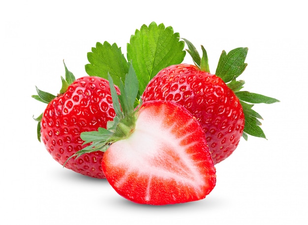Strawberry isolated with leaf on white