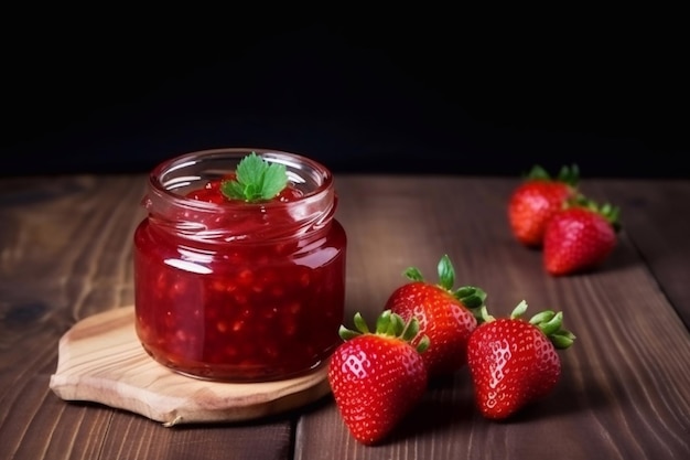 Strawberry jam in the glass jar Generative AI