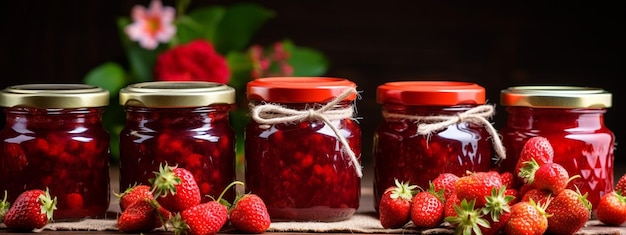 strawberry jam in a glass jar strawberry jam on a wooden background Delicious natural marmalade