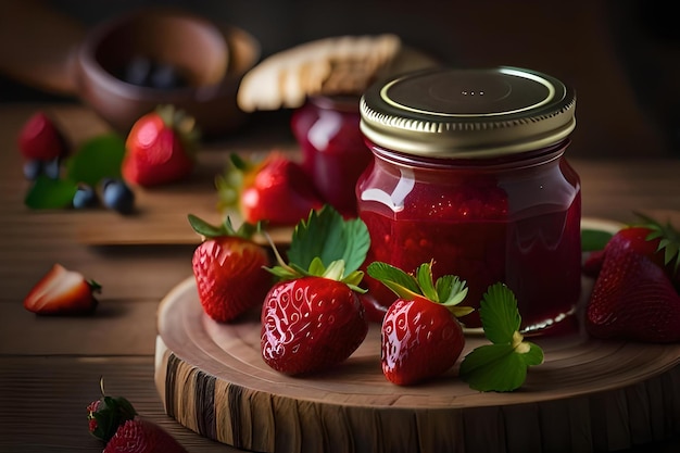 Strawberry jam in the glass jar with berries generative ai