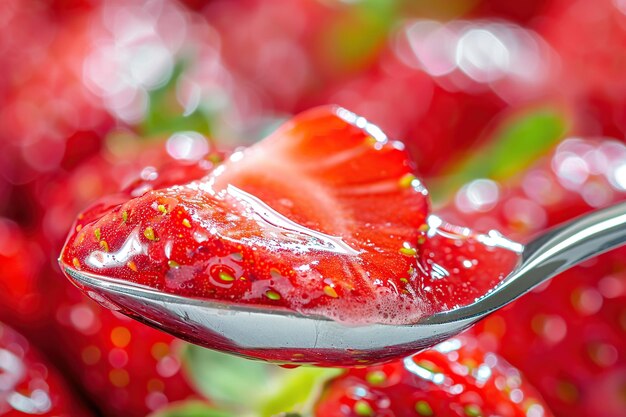 Foto puree di marmellata di fragola in cucchiaio close-up macro fotografia messa a fuoco selettiva