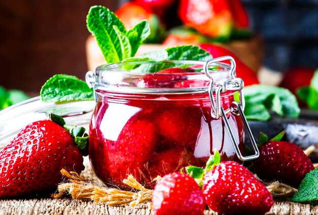 Strawberry jam vintage wood background selective focus