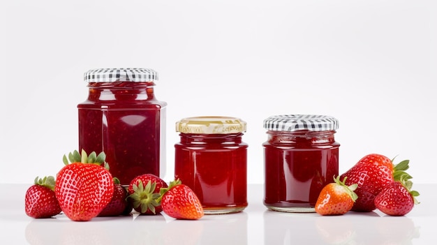 Marmellata di fragole con frutta fragola su sfondo bianco con generative ai