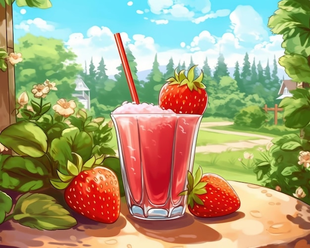 Strawberry juice with garden background