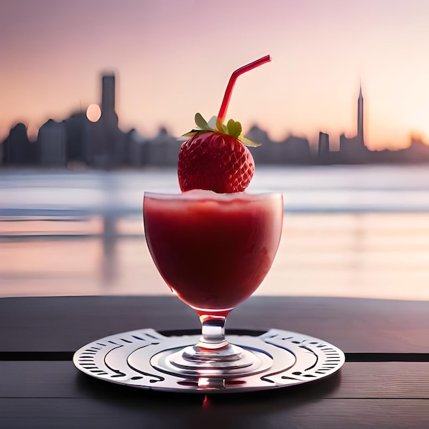 Strawberry juice with milk and cup on the table