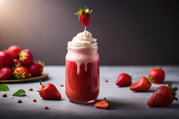 Foto succo di fragola con latte e tazza sul tavolo