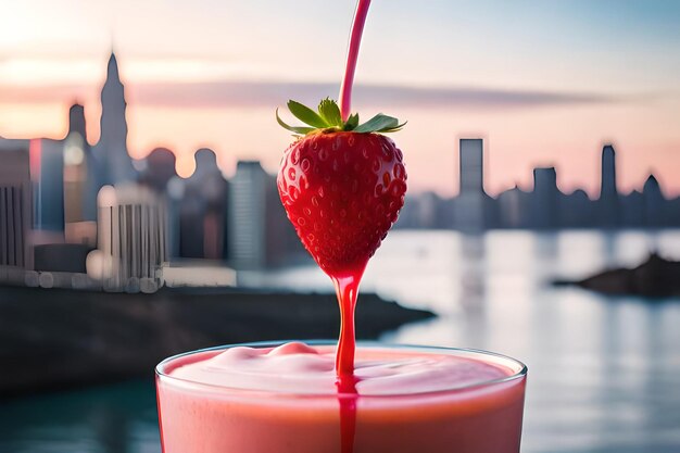 Strawberry juice with milk and cup on the table