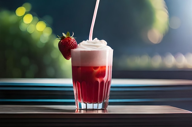 Strawberry juice with milk and cup on the table