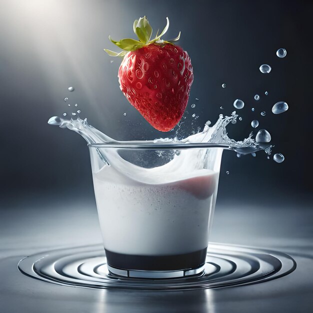 테이블 위에 우유와 컵을 넣은 딸기 주스