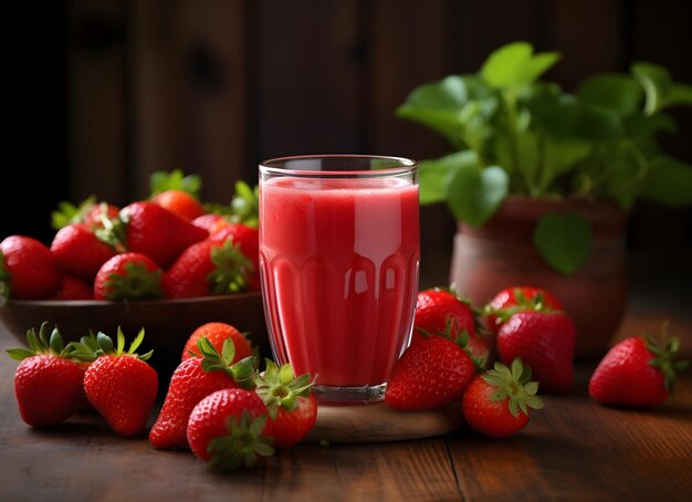 strawberry juice on wooden table with strawberries