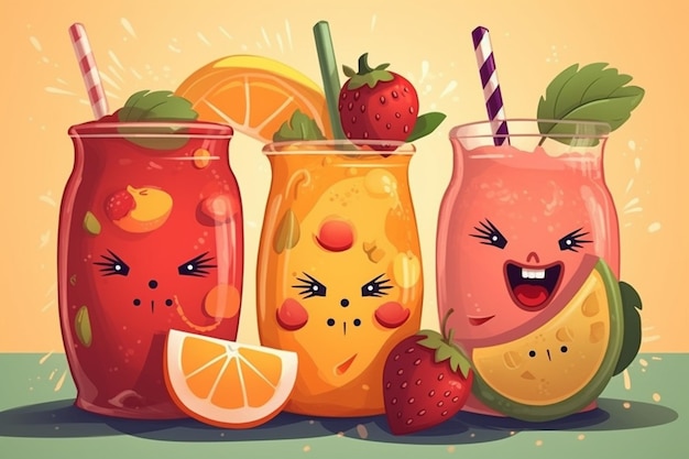 Strawberry Kiwi Banaan Sinaasappelsap Fruit Smoothie Cartoon