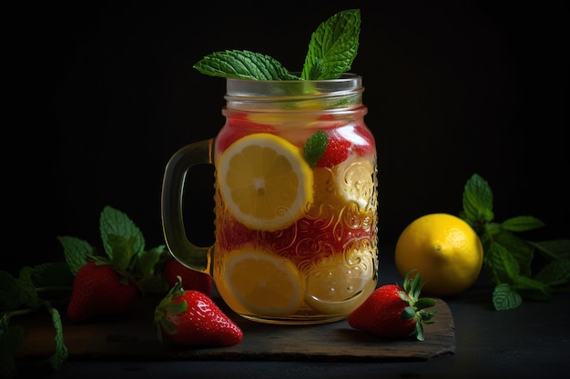 a strawberry and lemon preserve stored in a canning jar