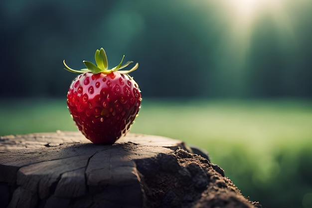 A strawberry on a log with a green background