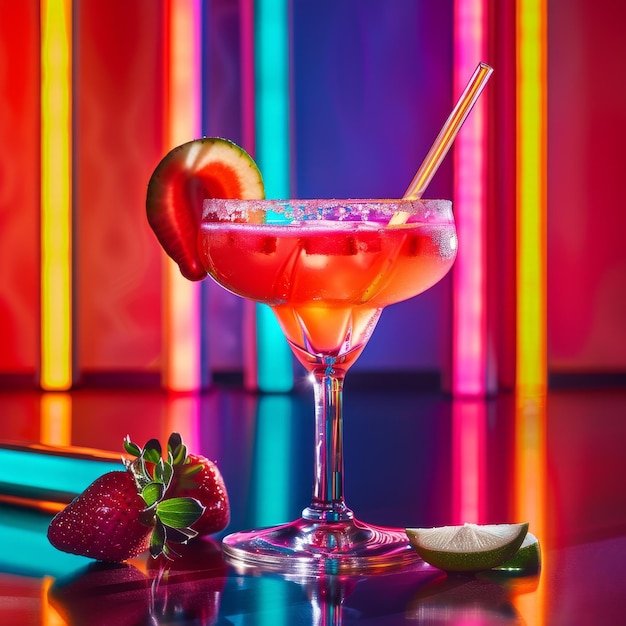 Strawberry Margarita Cocktail on Color Neon Background Tropical Mocktail Beach Party Coctail