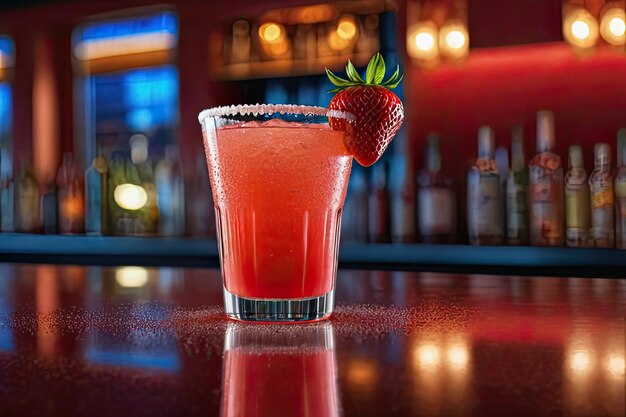 Strawberry margarita placed on a bar top