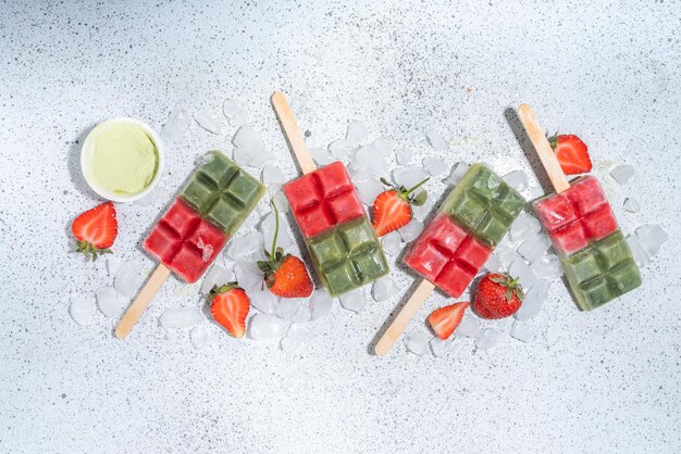 Strawberry matcha popsicles