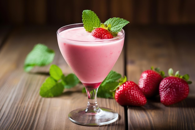 Strawberry milk cocktail in glass with berries on wooden background