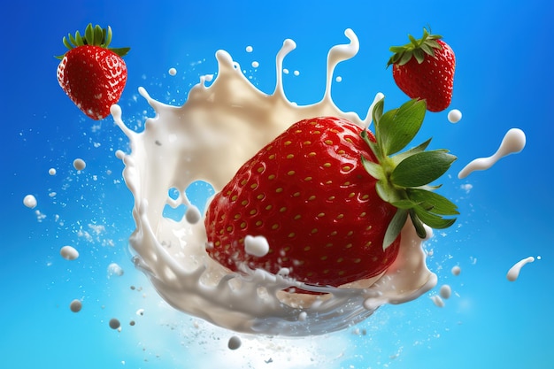 A strawberry and milk splash in a blue background