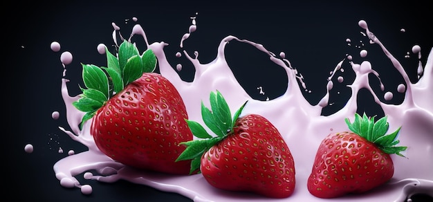 Strawberry milk splashing with strawberry isolated on Black background