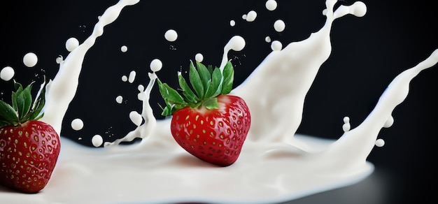 Strawberry milk splashing with strawberry isolated on Black background