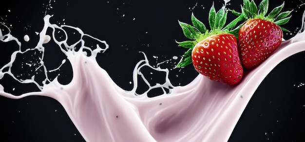 Strawberry milk splashing with strawberry isolated on Black background