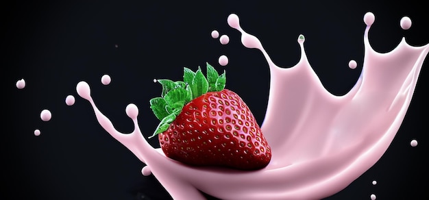 Strawberry milk splashing with strawberry isolated on Black background