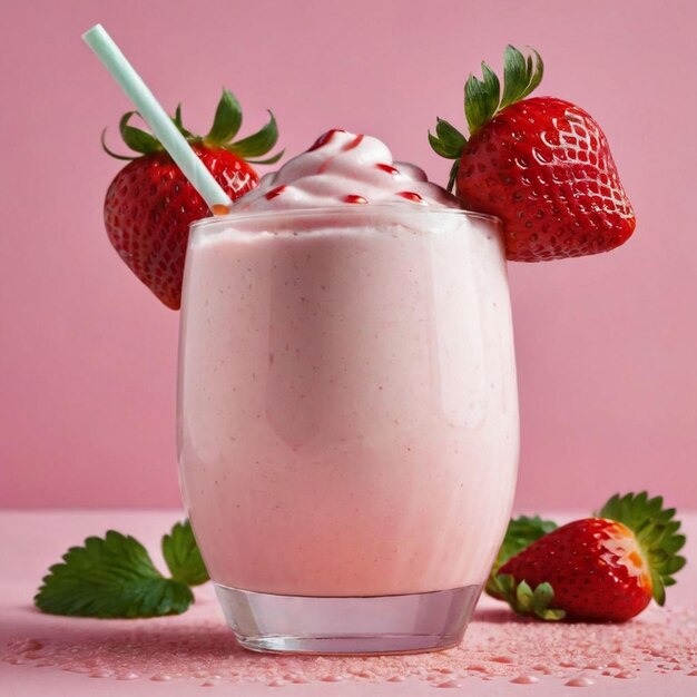 Strawberry milkshake in glass with straws and fresh strawberries