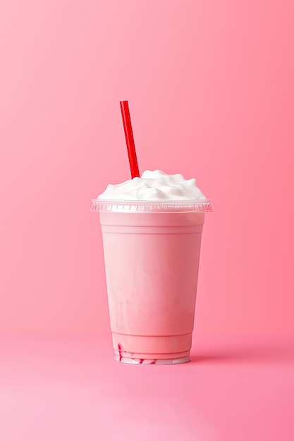 Strawberry milkshake in plastic takeaway cup isolated on pink background