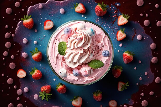 Strawberry milkshake seen from above with fruit