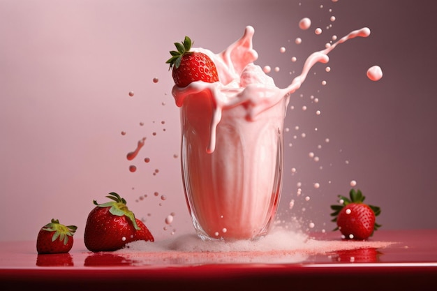 Strawberry Milkshake with Fresh Berries on Pink Background